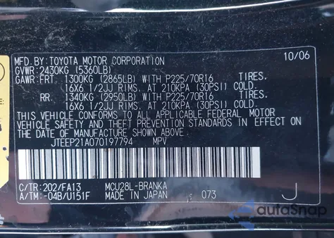 2007 Toyota Highlander V6 z USA, uszkodzony, nr VIN JTEEP21A070197794